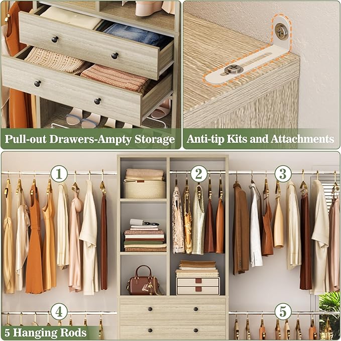 Besiost Closet System, 4.2–8.8 FT Closet Organizer with 2 Wooden Drawers and Shelves, Walk-in Closet System with 5 Hang Rods, Built-in Closet Tower, Can Fit 60 to 96 inch, Greige Oak