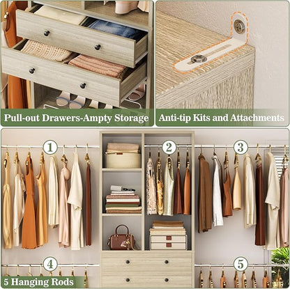Besiost Closet System, 4.2–8.8 FT Closet Organizer with 2 Wooden Drawers and Shelves, Walk-in Closet System with 5 Hang Rods, Built-in Closet Tower, Can Fit 60 to 96 inch, Greige Oak