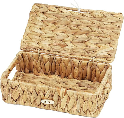 Small Basket with Lid, Wicker Storage Basket for Organizing, Rectangular Woven Basket for Storage, Water Hyacinth Decorative Boxes Bins with Lids (9" x 5.1" x 3")