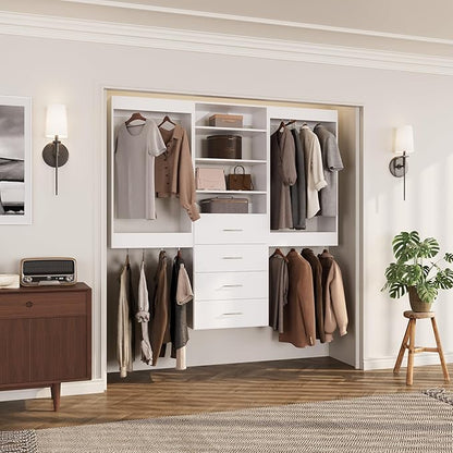 ROOMTEC Modular Closet System, 66" Wall-Mounted Closet Organizer with Drawers and Hanging Rods, Wooden Tower for Walk-In Closets, Wardrobe Storage Kit, White