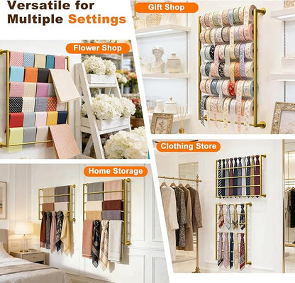 Wall Mounted Scarf Rack, Gold Silk Scarves Hijab Hanger Organizer Metal Racks Wrapping Tissue Paper Ribbon Holder Towels Storage Display for Flower Shop Retail Store (Gold, 7T-31.5×35.4IN)