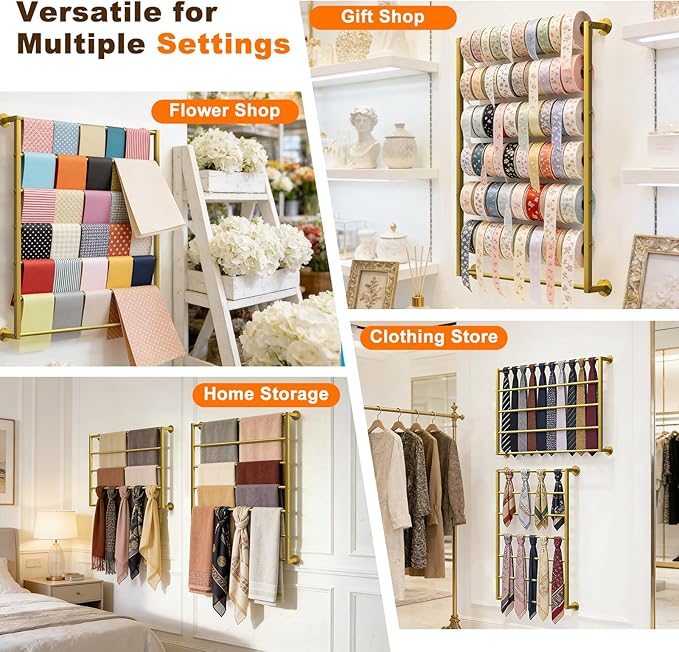 Wall Mounted Scarf Rack, Gold Silk Scarves Hijab Hanger Organizer Metal Racks Wrapping Tissue Paper Ribbon Holder Towels Storage Display for Flower Shop Retail Store (Gold, 7T-23.6×35.4IN)
