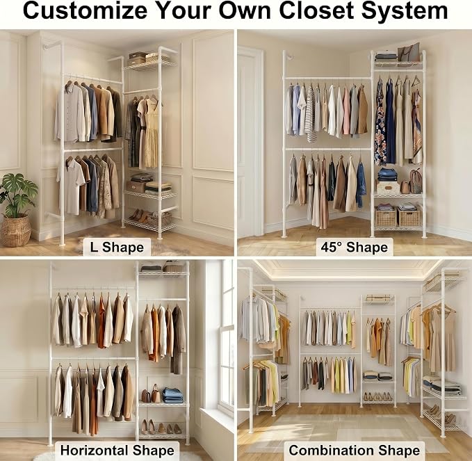 F2 Wall Mounted Closet System, Industrial Pipe Clothing Rack for Hanging Clothes, Heavy Duty Closet Organizer System, Clothes Racks with Shelves & Expandable Rod for Wardrobe, Corner, White
