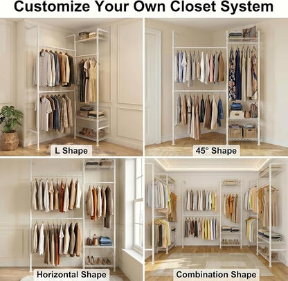 F2 Wall Mounted Closet System, Industrial Pipe Clothing Rack for Hanging Clothes, Heavy Duty Closet Organizer System, Clothes Racks with Shelves & Expandable Rod for Wardrobe, Corner, White