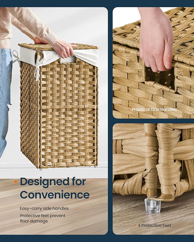 SONGMICS HOME Laundry Hamper with Lid, Clothes Basket with Removable Liner and Handles, 23.8 Gallon, Foldable Narrow Laundry Organizer for Bathroom, Bedroom, Light Brown