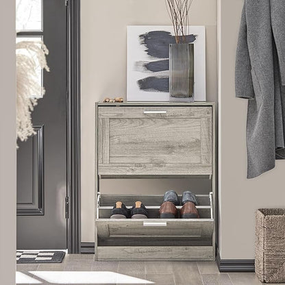 SoBuy Shoe Storage Cabinet Entryway, Slim Shoe Rack Freestanding, Narrow Shoe Organizer 2 Flip-Drawers Shoe Cupboard for Mudroom Front Door Entrance Hallway Bedroom, FSR137-HG (Grey)