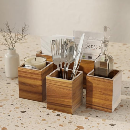 Acacia Silverware Caddy for Parties, Utensil Caddy with Paper Plate Dispenser, 4-Compartment Cutlery Flatware Organizer for Spoons, Forks, Napkins - Natural Wood Finish