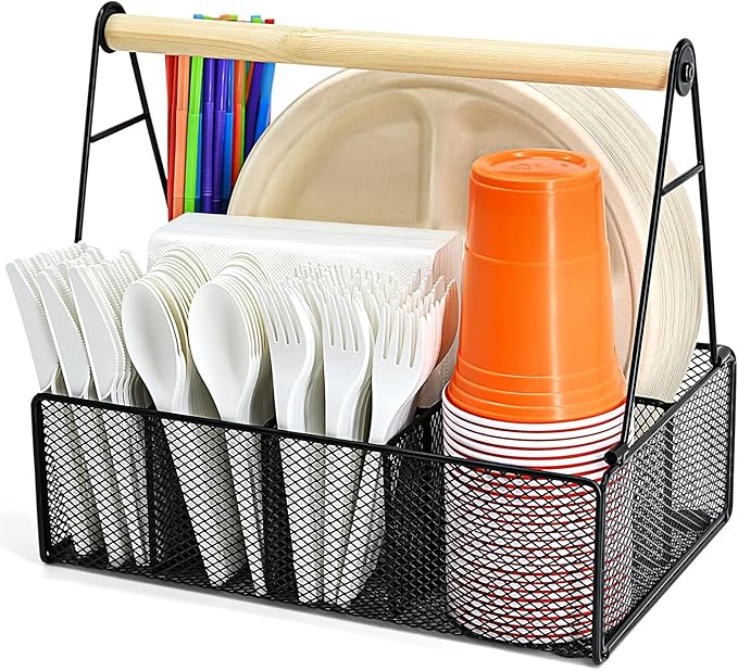 Wood Handle Silverware Caddy for Party – Paper Plate Organizer for Countertop – 7 Compartment Utensil Holder for Plates, Cups, Napkins, and Cutlery – Picnic, Camping, or Kitchen Buffet