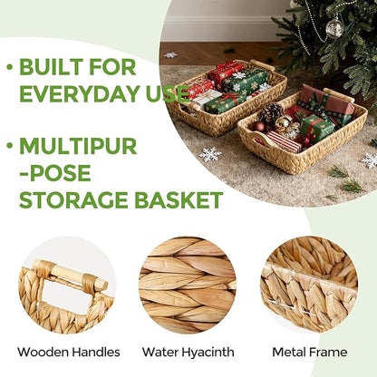 2 Pack Wicker Storage Baskets with Wooden Handles, Large Water Hyacinth Basket for Organizing Shelves, Natural Woven Storage Baskets for Snack, Gift
