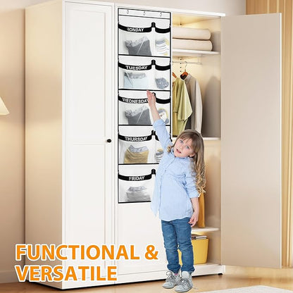 Weekly Kids Clothes Organizer Day of Week School, Over the Door Clothing Storage Organizer from Monday to Friday, Hanging Closet Organizer wtih 3 Metal hooks or Nursery, Bedroom