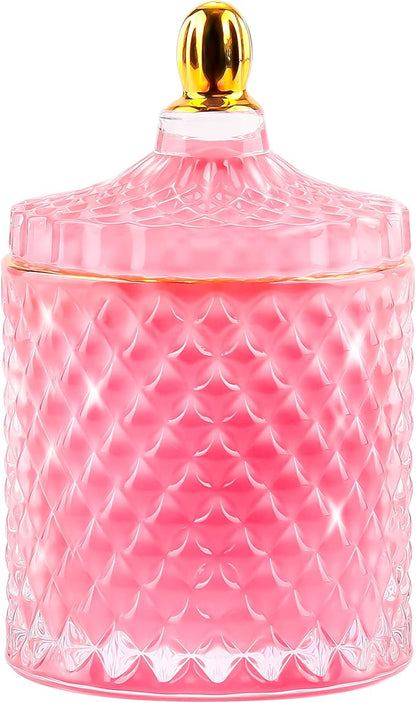 ALAMHI Pink Candy Jar, Glass Candy Dish with Lid, Crystal Apothocary Jars with Lids Jewelry Box with Lids, Decorative Glass Jar Gifts for Women