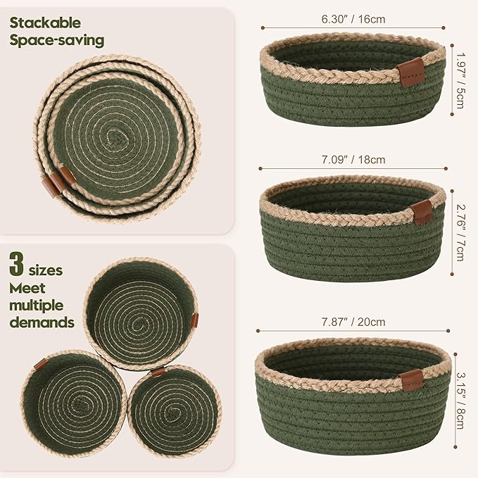 Sea Team 3-Pack Small Cotton Rope Storage Basket Set - Portable Round Organizers with Jute Braid for Small Items, Keys, Makeup & Trinkets