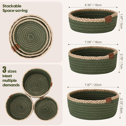 Sea Team 3-Pack Small Cotton Rope Storage Basket Set - Portable Round Organizers with Jute Braid for Small Items, Keys, Makeup & Trinkets