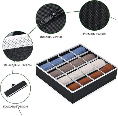 Joyoldelf Sock Drawer Organizer Divider Underwear Organizer 16-cell Fabric Dresser Drawer Organizers Storage Boxes for Socks Lingerie, Handkerchiefs, Ties 4 Pack (Black)
