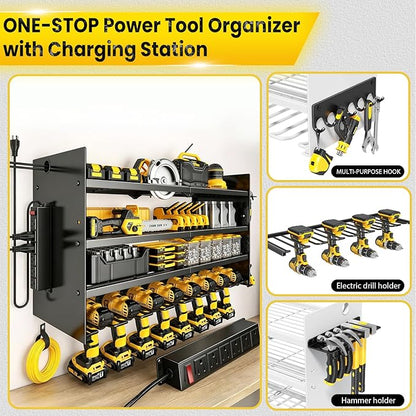 Hipidian Adjustable Power Tool Organizer Wall Mount with Charging Station - 650lb Capacity 4 Layer Heavy Duty Storage Rack with 8 Drill Holders for Garage Workshop Tools, Gifts for Men