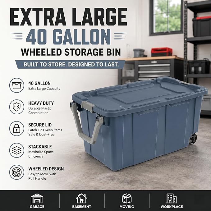 Extra Large 40 Gallon Wheeled Industrial Storage Bins, Heavy Duty Plastic Stackable Totes with Latch Lids and Pull Handle for Garage, Basement, and Moving, Blue, 2 Pack