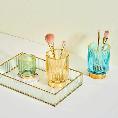 Makeup Brush Organizer, Toothbrush Holder, Desk Pen Pencil Holder, Multifunctional Vintage Glass Brush Cup (S/Green/A3-11-US)