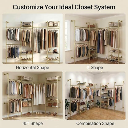 Wall Mounted Closet System – Adjustable Clothing Rack with 6 Hanging Clothes Rods( 4 Expandable Rods) & 6 Shelves, Heavy Duty Industrial Pipe Clothes Rack for Closet Organizer and Storage, Gold