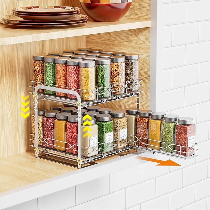 Pull Out Spice Rack Organizer for Cabinet, 2 Tier Individual Slide Drawer, Chrome Cabinet Spice Organizer, Fits 4oz Spice Jars(Max Diameter 2.0in), Height Adjustable Spice Rack,2 Installation Methods