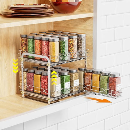 Pull Out Spice Rack Organizer for Cabinet, 2 Tier Individual Slide Drawer, Chrome Cabinet Spice Organizer, Fits 4oz Spice Jars(Max Diameter 2.0in), Height Adjustable Spice Rack,2 Installation Methods