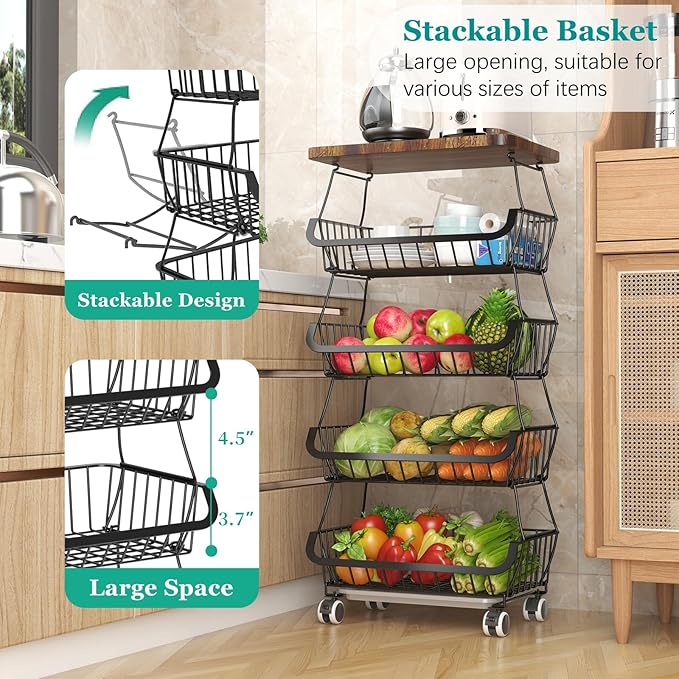 CHLORYARD Fruit Basket with Wooden Lid for Kitchen, 5-Tier Stackable Wire Fruit Vegetable Storage Basket Organizer Stand on Wheel, Produce Basket Potato Onion Storage Bins Rack Cart for Pantry