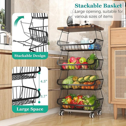 CHLORYARD Fruit Basket with Wooden Lid for Kitchen, 5-Tier Stackable Wire Fruit Vegetable Storage Basket Organizer Stand on Wheel, Produce Basket Potato Onion Storage Bins Rack Cart for Pantry