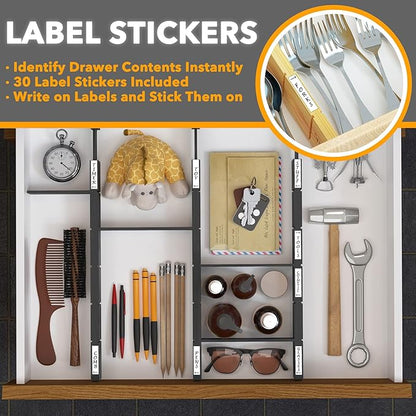 SpaceAid Bamboo Drawer Dividers with Inserts and Labels, Kitchen Adjustable Drawer Organizers, Expandable Organization for Home, Office, Dressers, 4 Dividers with 9 Inserts (17"-22" Black)