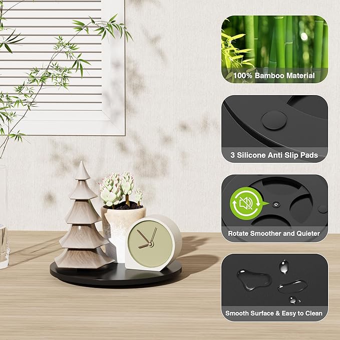 Lazy Susan for Table Top Bamboo Lazy Susan Organizer Turntable for Cabinet Kitchen Countertop for Condiment Bathroom Counter Organizer Decor Sink Tray Black 10 Inch