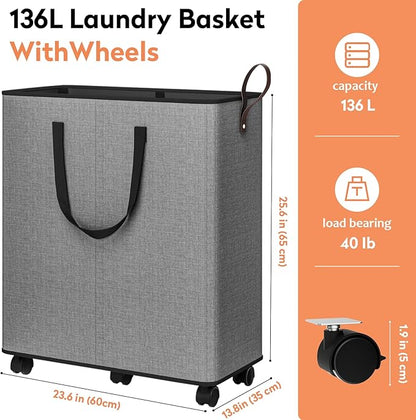 SpaceTrove Laundry Basket with Wheels, Collapsible Laundry Baskets, Laundry Hamper with Handles Detachable Wheels, Rolling Laundry Basket, Dirty Clothes Hamper for Bathroom, Dorm, Bedroom, Grey, 136L