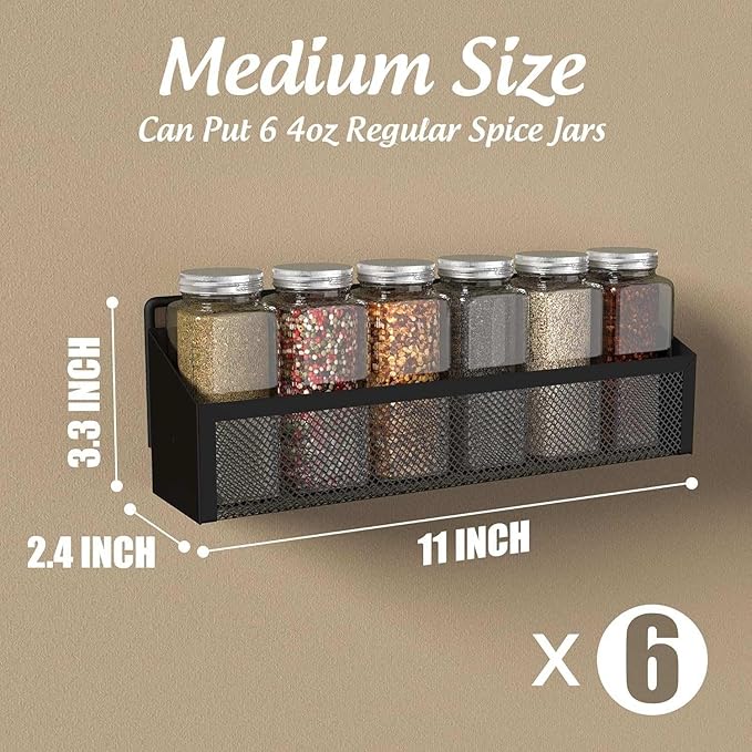 6 Spice Rack Wall Mount Pantry Organizer for Cabinet Over Door, Hanging Black Spice Pantry Organization Storage Shelf, Farmhouse Kitchen Seasoning Organizer