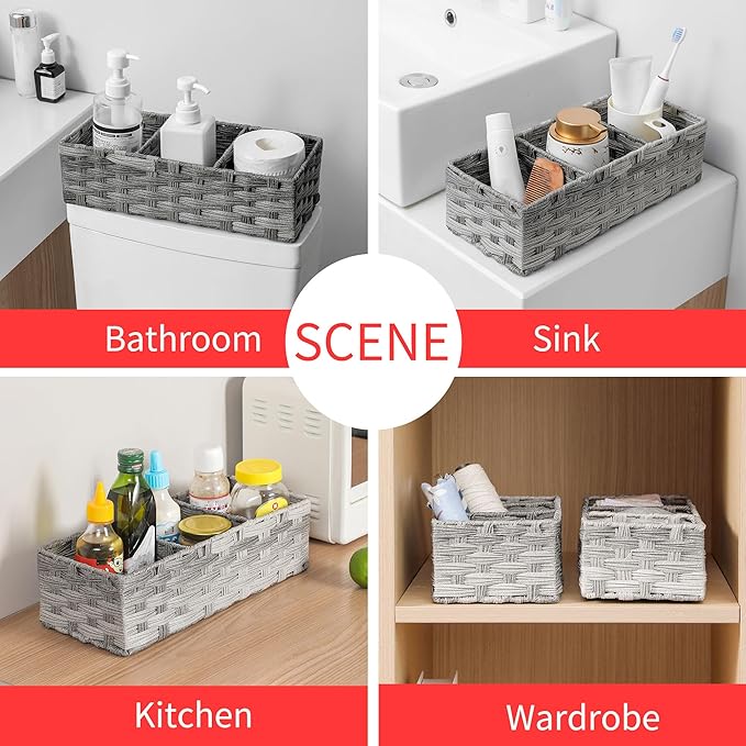 Toilet Tank Topper Paper Basket Multiuse Hand Woven Plastic Wicker Basket Bins with Divider for Shelves Rustic Farmhouse Bathroom Decor Countertop Organizer Storage