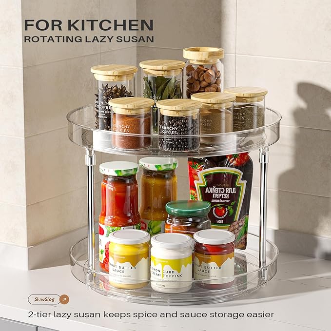 2 Pack 2 Tier Lazy Susan Turntable Organizer, Clear Rotating Lazy Susan, Spice Rack for Cabinet, Makeup and Perfume Organizer for Vanity, Counter Organizer Tray for Kitchen, Bathroom