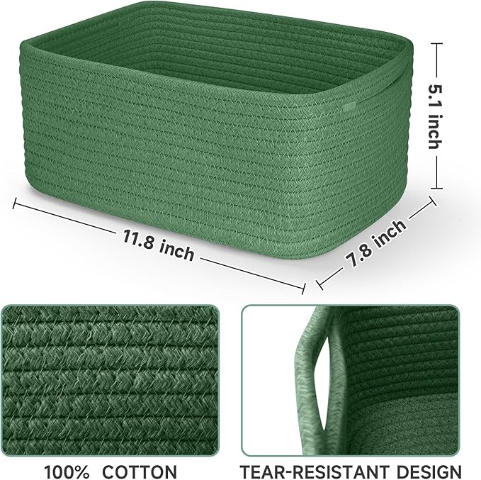 3-Pack Shelf Baskets for Organizing, Closet Organizer Bins, Small Woven Baskets, Rope Toy Basket, Storage Basket for Shelves, Cube Decorative Box, 11.8×7.8×5.1”, Green