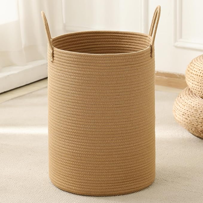Laundry Basket Hamper Tall Rope Storage Woven for Blanket toys Dirty Clothes in Living Room Bathroom Bedroom (Jute Brown, 100L/26.4Gal)