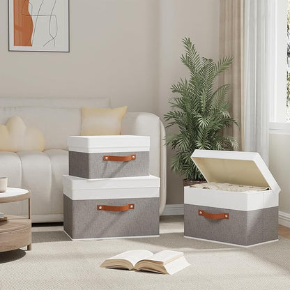 Fabric Storage Bins with Lids, Linen Collapsible Boxes, Storage Baskets with Double Handles, White and Grey, 5 Pack, 13 x 9.1 x 7.9 Inch