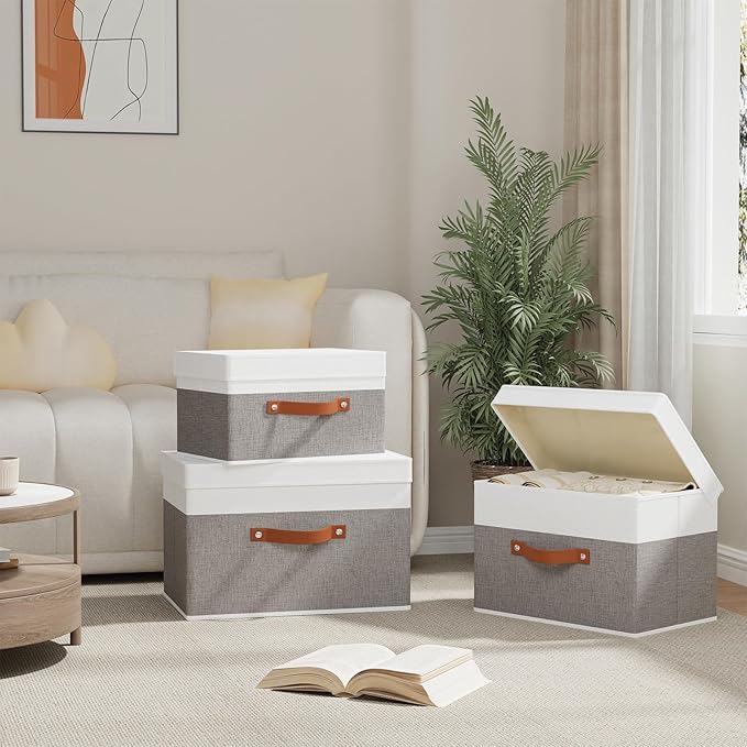 Storage Baskets with Lids, Closet Organizer Boxes, Foldable Shelves Storage Bins with Handles, White and Grey, 3 Pack, 13 x 9.1 x 7.9 Inch