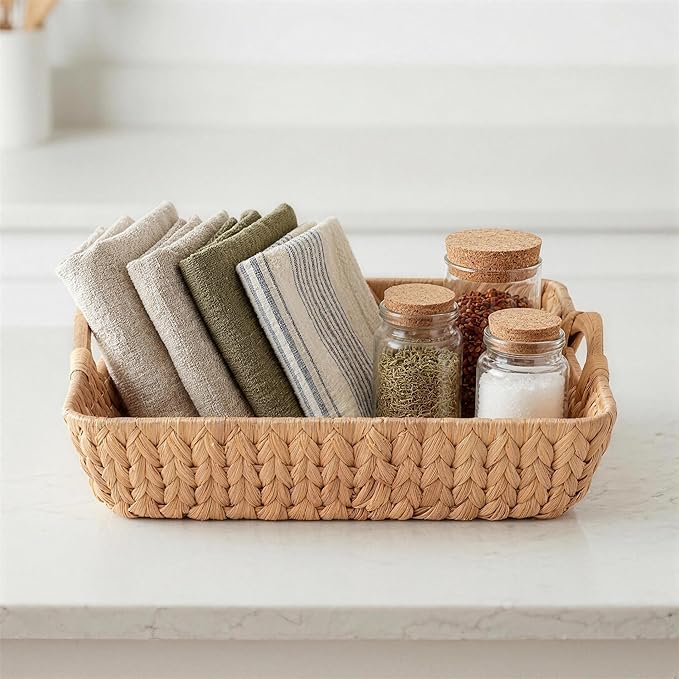 Water Hyacinth Wicker Storage Basket, Handwoven Rectangular Basket with Wooden Handles, Home Organization Decor Basket, Ideal Gift for Women