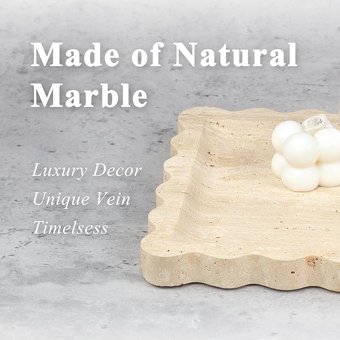 Square Travertine Vanity Tray with Scalloped Edge - Natural Stone Perfume Tray Decor for Dresser, Vanity, Kitchen, Home Decor, Decorative Square Stone Tray - Travertine 8 * 8 inch