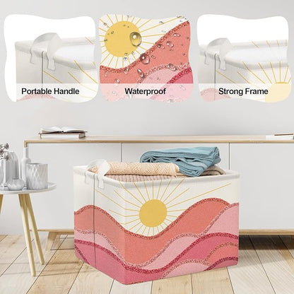 Clastyle Pink Boho Pool Towel Beach Blanket Basket Summer Sunrise Holiday Outdoor Storage Bin Rectangle Collapsible Clothes Toy Book Shelf Basket