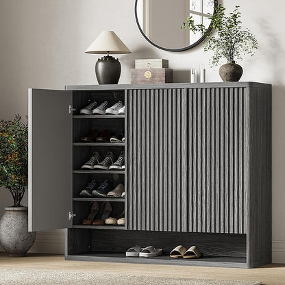 Modern Entryway Shoe Storage Cabinet – 46 Inch Wooden Organizer with Adjustable Shelves, Fluted Door, Holds 30-35 Pairs, Space-Saving Hallway Furniture, Vintage Grey Color