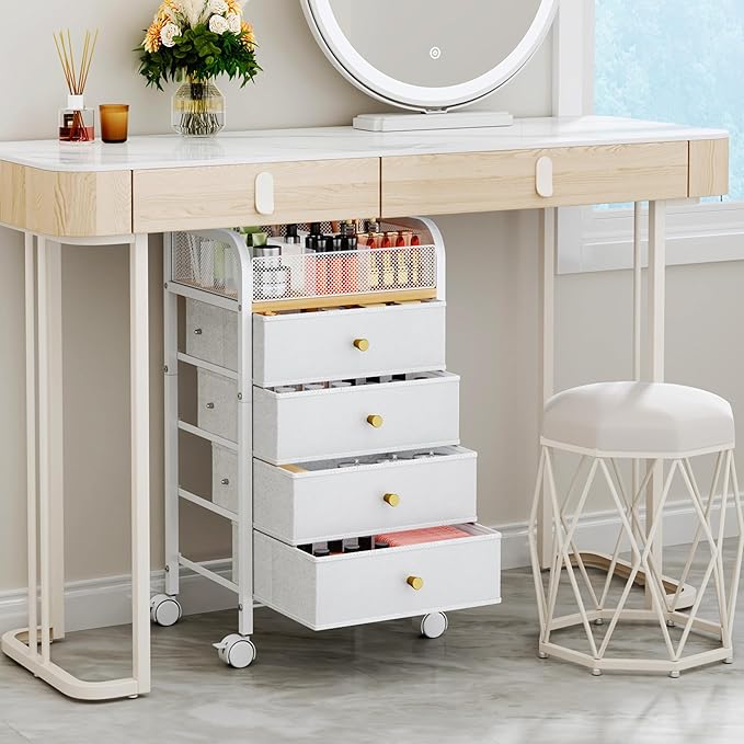 SWTYMIKI Rolling Makeup Organizer Cart - 14.96″*11.81″*27.55″ Widened Under Desk Vanity Storage with 4 Non-woven Drawers, Cosmetic Display Cases for Skin Care Perfume Nail Polish Brush Hair Tool White