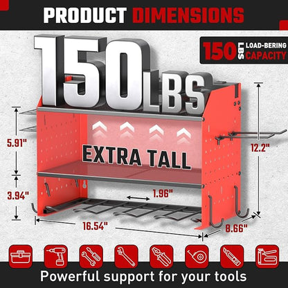 ZESEN Power Tool Organizer with Charging Station, Heavy Duty 3 Layer Drill Holder Wall Mount Garage Shelf Rack with 6 Outlet Power Strip, Tool Shelf with Hooks, Drill Bit Rack for Garage, Red
