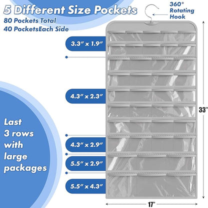 Simple Houseware 2-Pack Hanging Jewelry Storage Organizer, 80-Pocket with 5 Sizes for All Types of Accessories, Gray