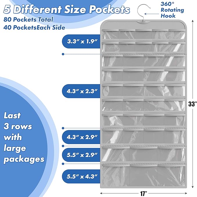 Simple Houseware Hanging Jewelry Storage Organizer, 80-Pocket with 5 Sizes for All Types of Accessories, Gray