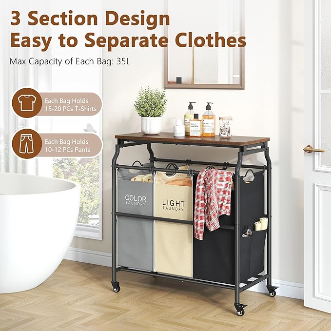 Hoctieon 3 Section Laundry Sorter Cart with Ironing Board, Laundry Hamper Basket with Shelf and Wheels, Heavy Duty Clothes Organizer, Large Clothes Separator with Removable Bags, Black+Gray+Beige