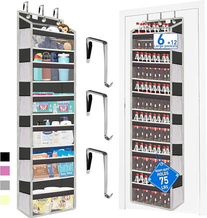 over the door organizer, Solid Bamboo Board (Not Plastic!) 6-Tier Heavy Duty 75LB, 12 Side Pockets, 3 Reinforced Hooks & Anti-Slip Pads, Waterproof & Washable, No Sagging, No Door Damage,Matte Black