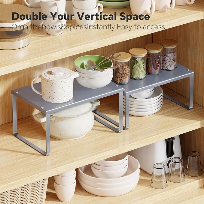 Simple Trending Cabinet Organizer Shelf, Set of 2 Kitchen Counter Shelves, Kitchen Storage, Stackable, Expandable, Metal Spice Rack for Cupboard, Bathroom, Desk, Pantry, Silver