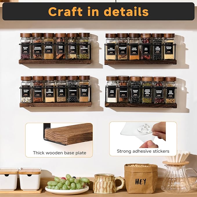 4-Tier Wall Mount Spice Rack Organizer- Screw/Adhesive Mount, Black Metal & Wood Spice Storage for Kitchen Pantry Cabinet, 11.6”W x 2.4”D x 3.2”H, Spice Jars Not Included