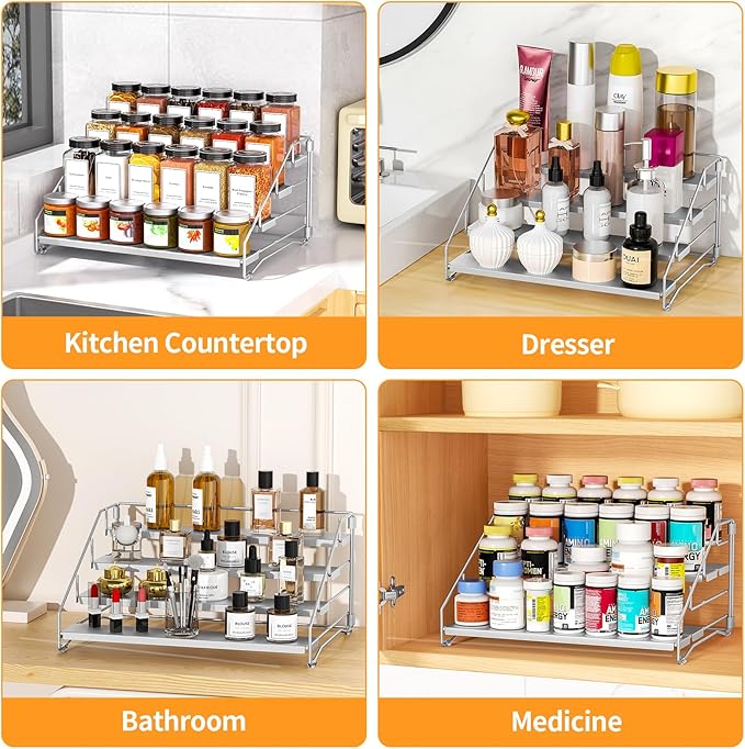 BOIVSHI 4 Tier Spice Rack for Cabinet, Spice Rack Organizer, Depth Adjustable Spice Organizer for Countertop, Cupboard, Pantry, Seasoning Shelf, Metal, Gray (1 Pack)