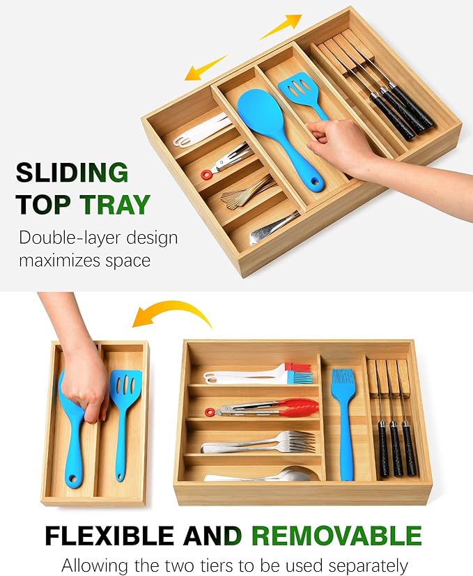 HULISEN Double Layer Bamboo Utensil Drawer Organizer, 2 Tier Silverware Cutlery Drawer Organizer with Sliding Top & Removable Knife Holder, Deep 8-Slot Kitchen Drawer Organizer
